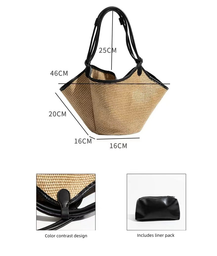 French Vintage Rafiu Straw Bag with Inner Pouch, Versatile Tote, Chic Bucket Bag