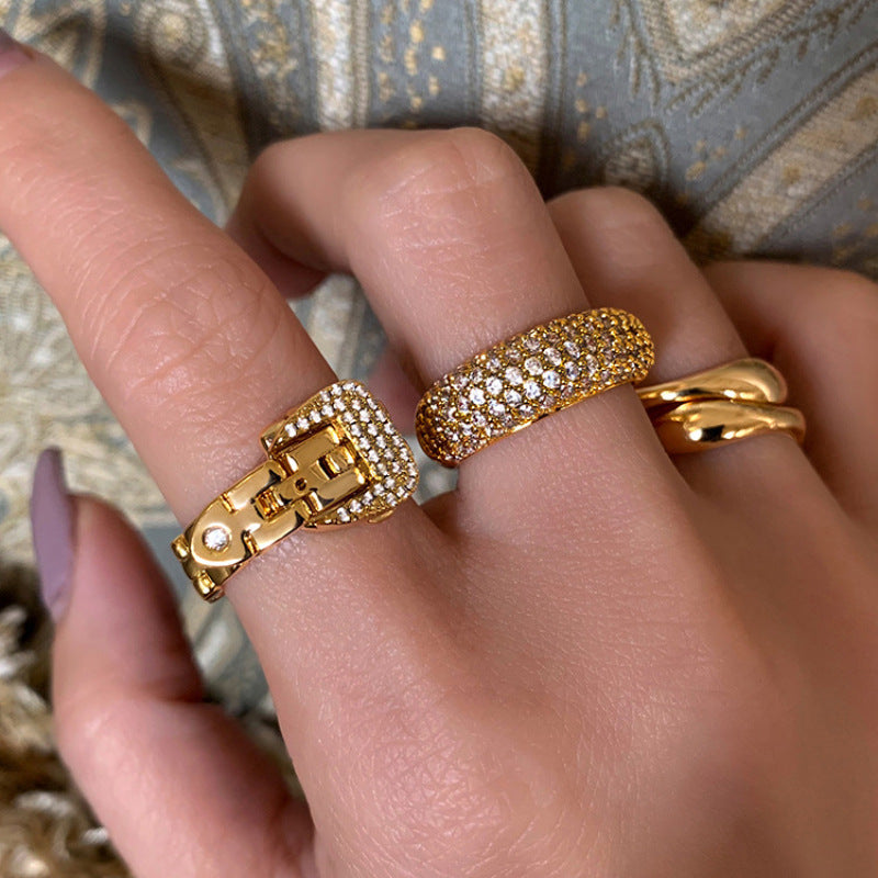18K Gold-Plated Zircon Ring, Exquisite Embedded Zircon, Adjustable Chain Band Ring