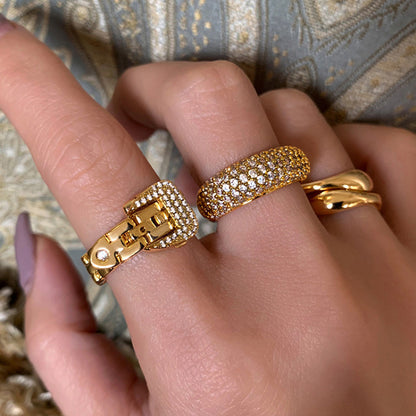 18K Gold-Plated Zircon Ring, Exquisite Embedded Zircon, Adjustable Chain Band Ring