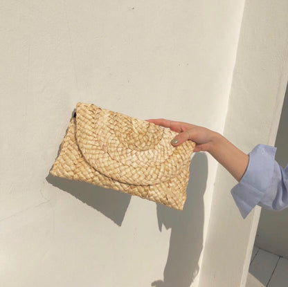 Woven Straw Clutch, Hand-Held Woven Satchel, Natural Elegance Handbag