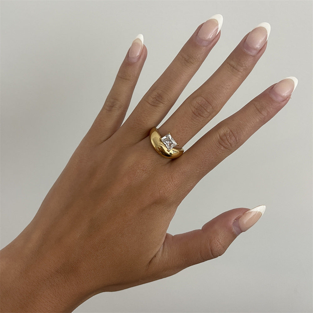 Minimalist Irregular Dome Ring, Stackable Pave Zirconia Band, Real Gold-Plated