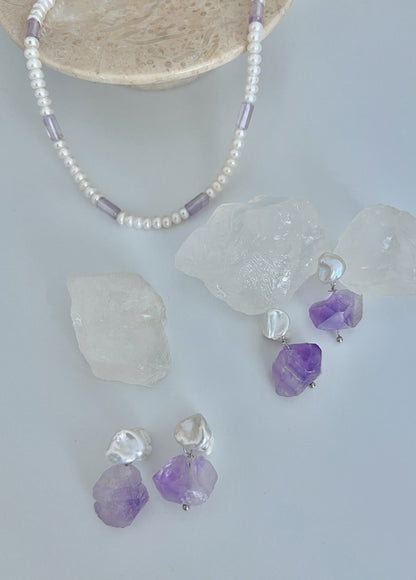 Fresh Aesthetic Purple Crystal & Freshwater Baroque Pearl Earrings & Pendant Necklace, Original Design