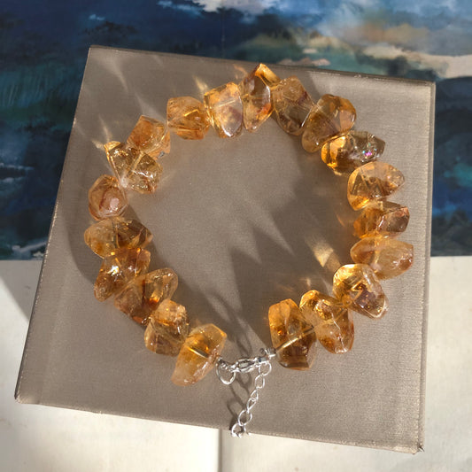 Natural Amethyst and Citrine Bead Bracelet, Raw Quartz Single Coil, Large Beads, One Size 16cm Wrist