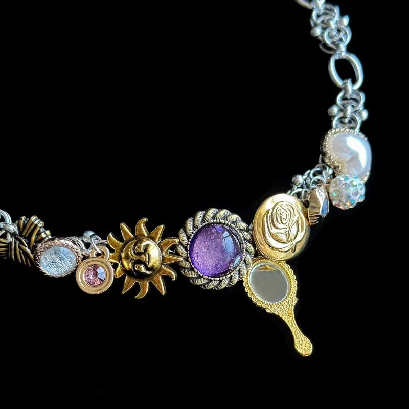 Punk Choker Heavy Industry Titanium Steel Necklace Gorgeous Purple Crystal Pendant for Women