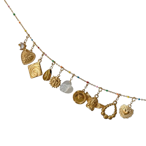 Detachable Vintage Rainbow Bead Necklace with Heart and Angel Charms