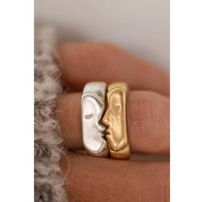 Gold-Plated Sterling Silver "KISS" Couple Rings, Romantic Matching Band Set for Lovers