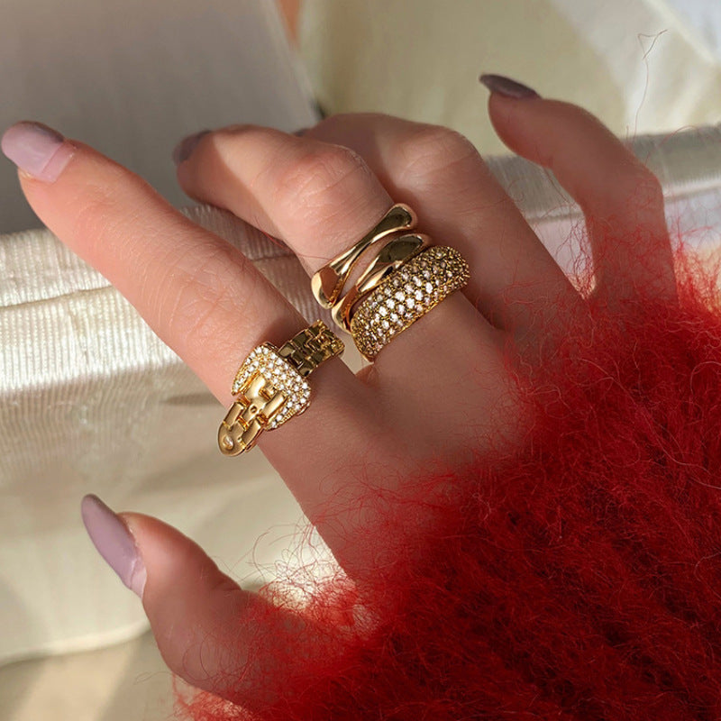 18K Gold-Plated Zircon Ring, Exquisite Embedded Zircon, Adjustable Chain Band Ring