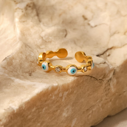 18K Gold-Plated Stainless Steel Evil Eye Ring, Fashionable Adjustable Titanium Steel Band