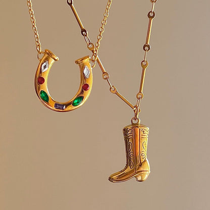 Western Cowboy Boots and Horseshoe Pendant Necklace