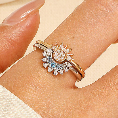 Sun & Moon Harmony Ring Set, Stackable Solar and Lunar Bands, Adjustable Starry Sky Rings