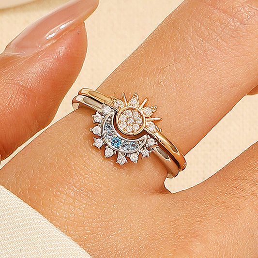 Sun & Moon Harmony Ring Set, Stackable Solar and Lunar Bands, Adjustable Starry Sky Rings