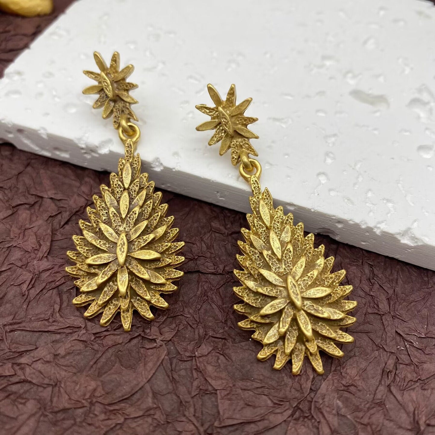Vintage Peacock Feather Earrings, Autumn & Winter Leaf Design, Elegant Drop Studs