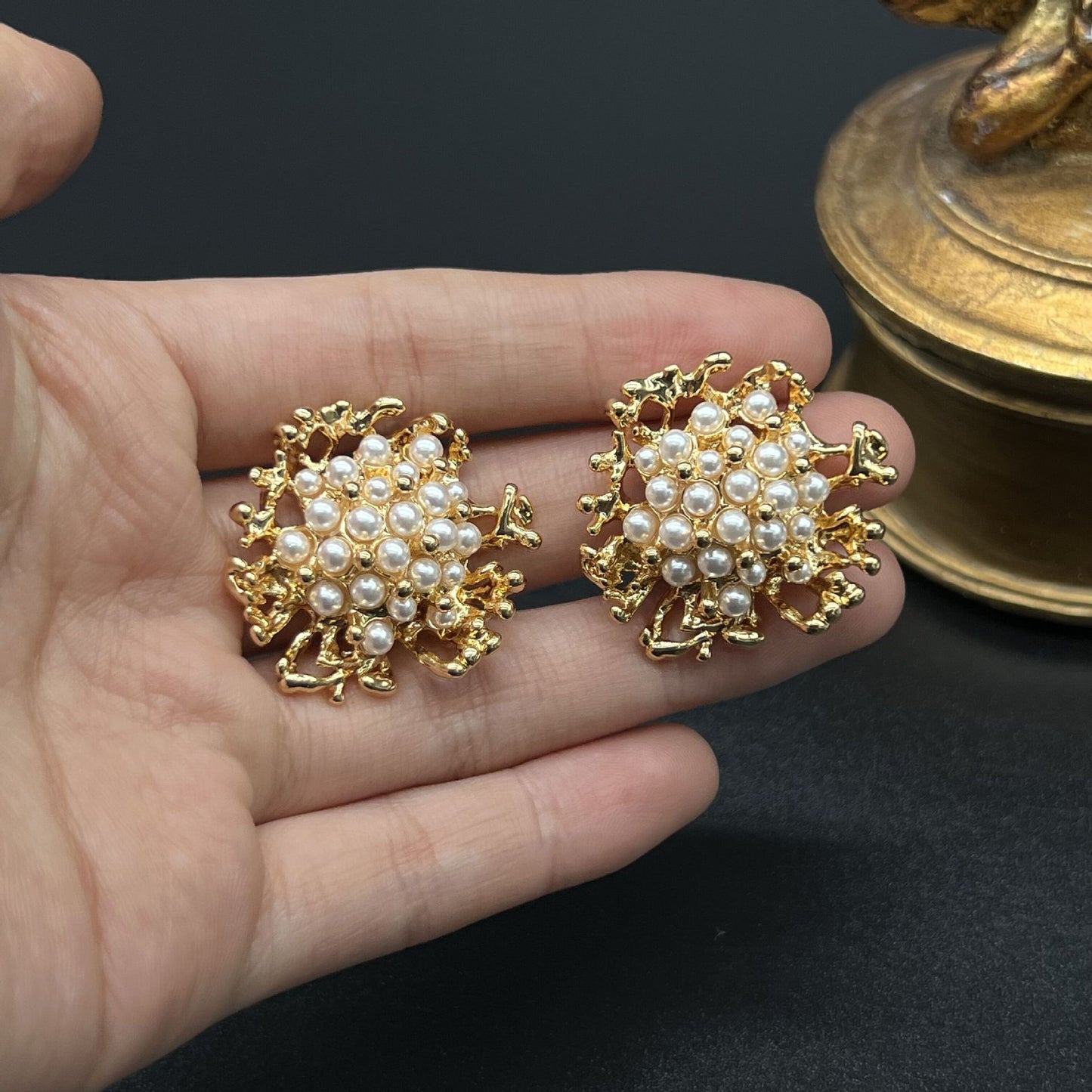 Coral and Pearl Earrings, 18K Gold-Plated Brass, 925 Silver Post, Elegant Antique Style