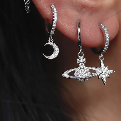 Elegant Star and Moon Earrings, Saturn Stackable Dangle, Fine Silver Crystal Jewelry