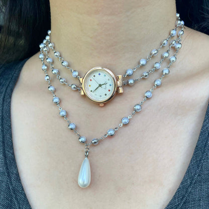 Niche Multi-layer Pearls Watch Choker Necklace Simple Stacking Clavicle Chain