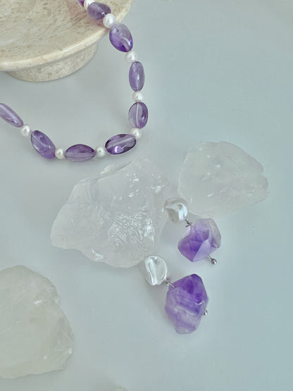 Fresh Aesthetic Purple Crystal & Freshwater Baroque Pearl Earrings & Pendant Necklace, Original Design