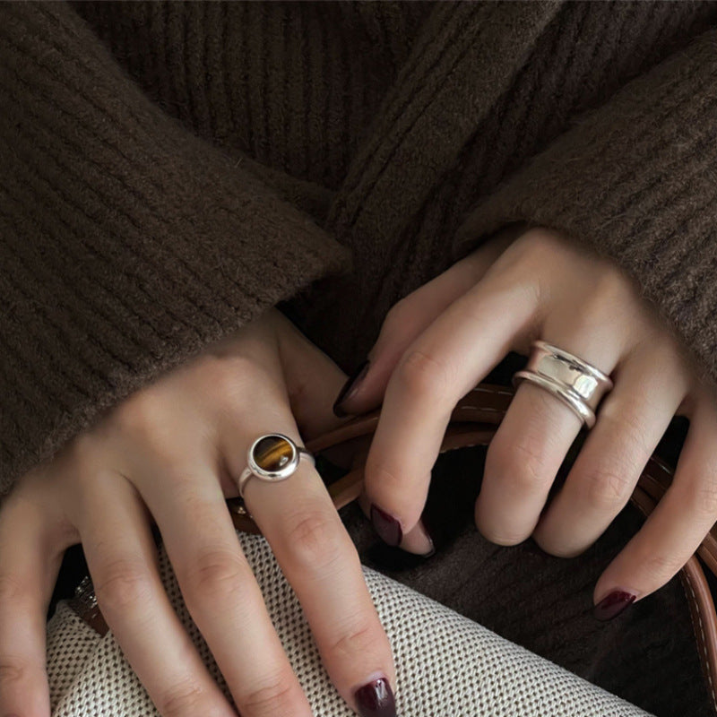 Exclusive Tiger's Eye Cat's Eye Ring, Women's Stylish & Retro Wide Band, Adjustable Cool Open Finger Ring