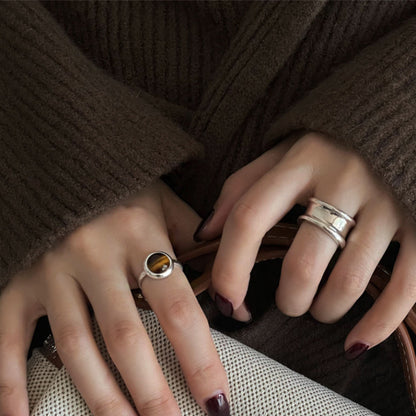 Exclusive Tiger's Eye Cat's Eye Ring, Women's Stylish & Retro Wide Band, Adjustable Cool Open Finger Ring