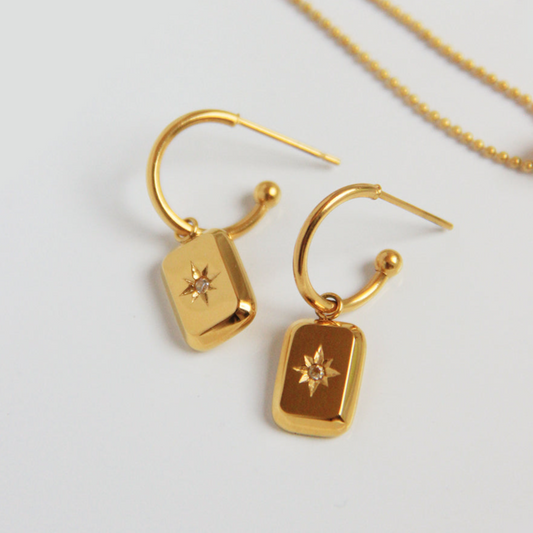 Titanium Steel 18K Gold-Plated Earrings, Sparkling Arctic Star Block Pendant, Hypoallergenic
