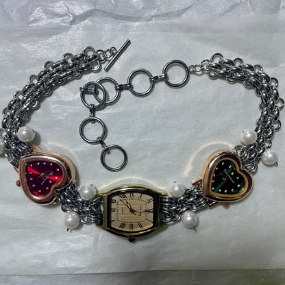 Niche Retro Punk Pearl Vintage style Watch Choker Necklace