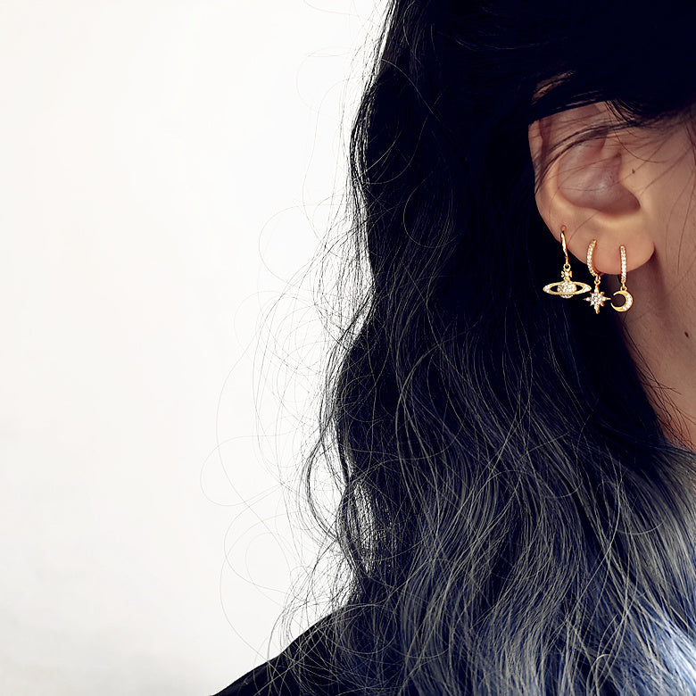 Elegant Star and Moon Earrings, Saturn Stackable Dangle, Fine Silver Crystal Jewelry