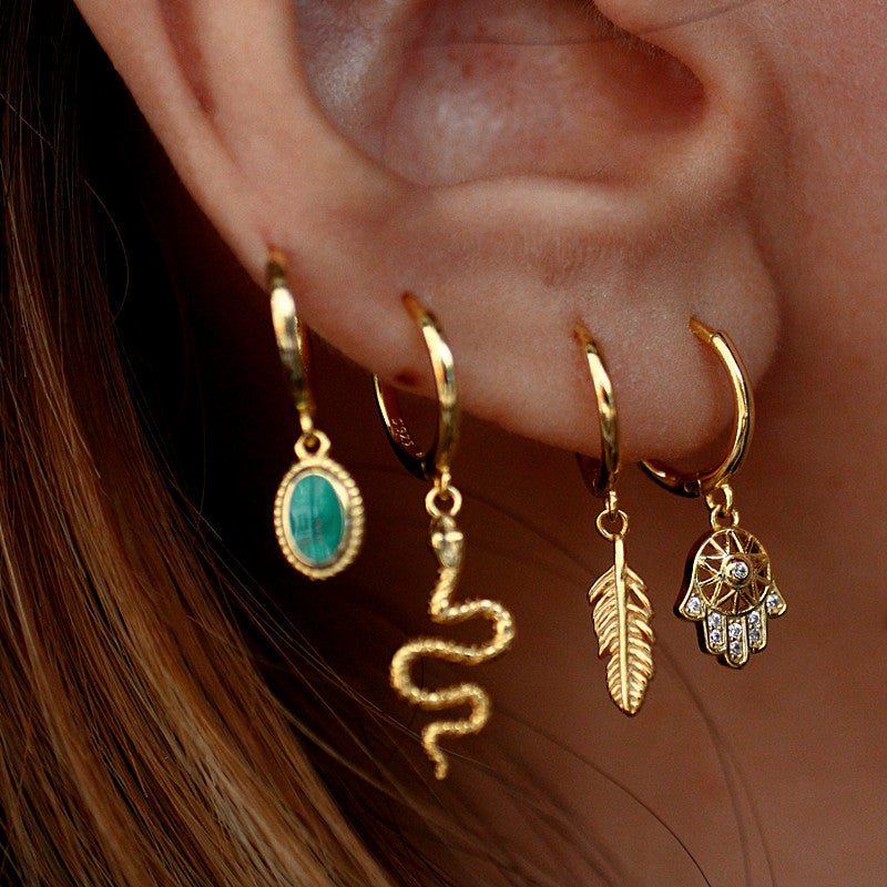 Bohemian Feather Ear Cuff, Vintage Stackable Snake Ear Cuff, Round Hoop Earrings, Minimalist 925 Silver