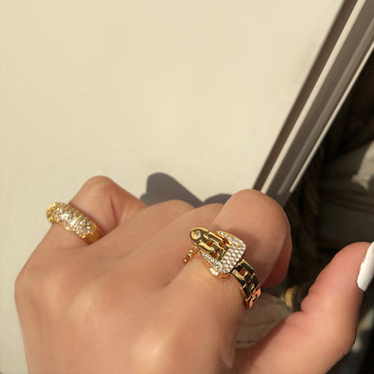 18K Gold-Plated Zircon Ring, Exquisite Embedded Zircon, Adjustable Chain Band Ring