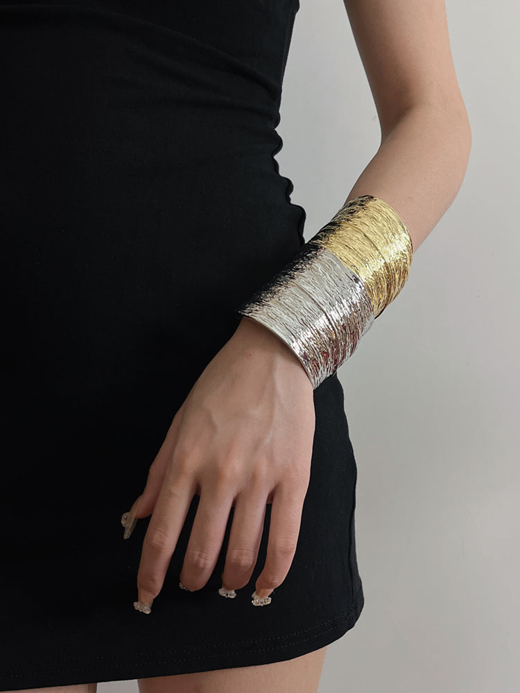 Vintage Exaggerated Open Bangle, 3D Relief Texture, Gold & Silver Tone Cuff Bracelet