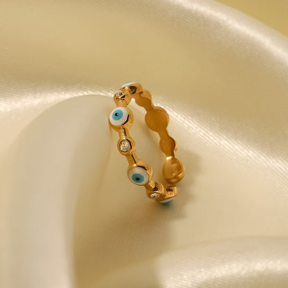 18K Gold-Plated Stainless Steel Evil Eye Ring, Fashionable Adjustable Titanium Steel Band