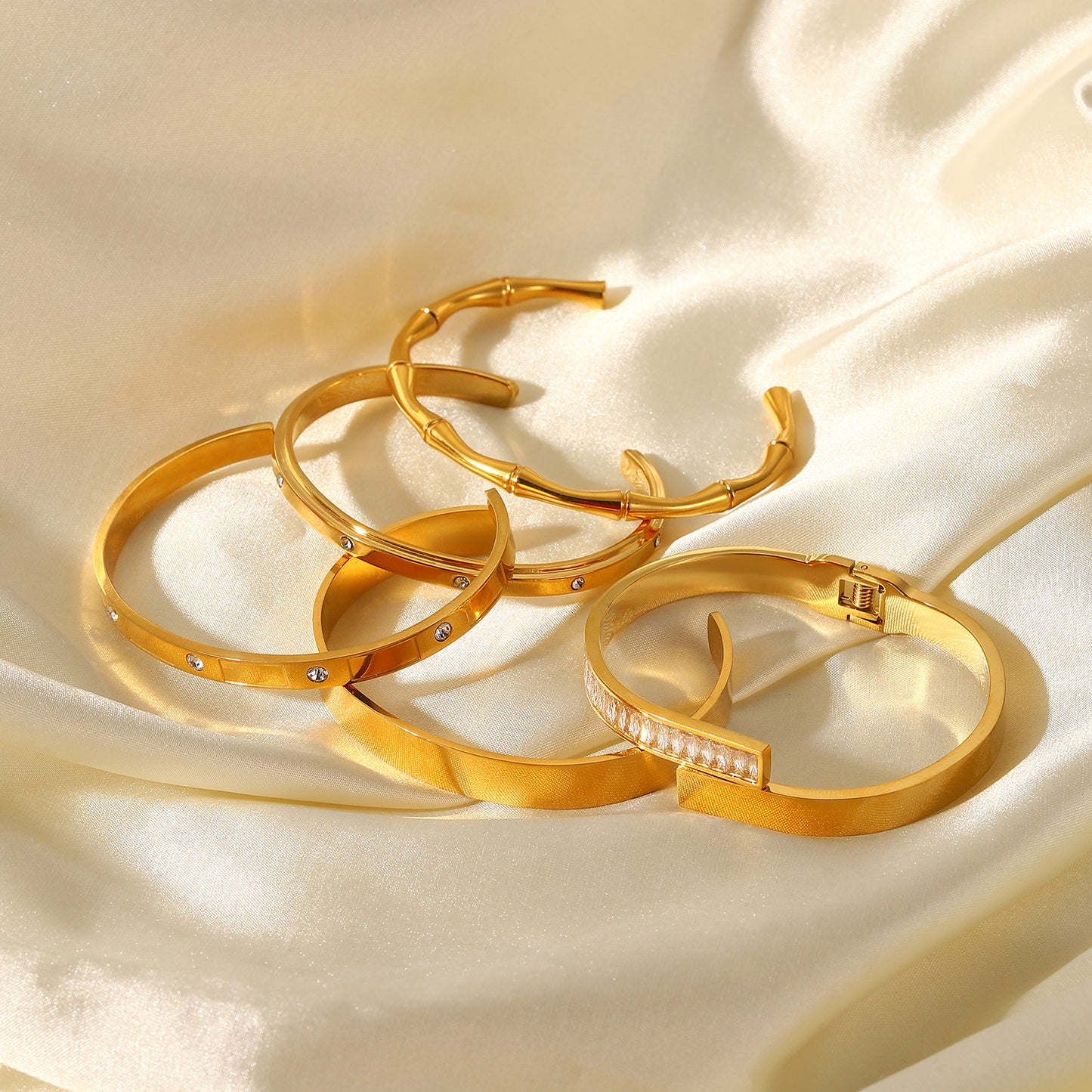 Zirconia-Encrusted Open Bangle Bracelet with 18K Gold Plating