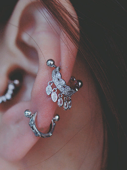 Dark Gothic Ear Cuff, Gold-Plated Silver, Crystal-Studded 925 Silver U-Shape Punk Earrings