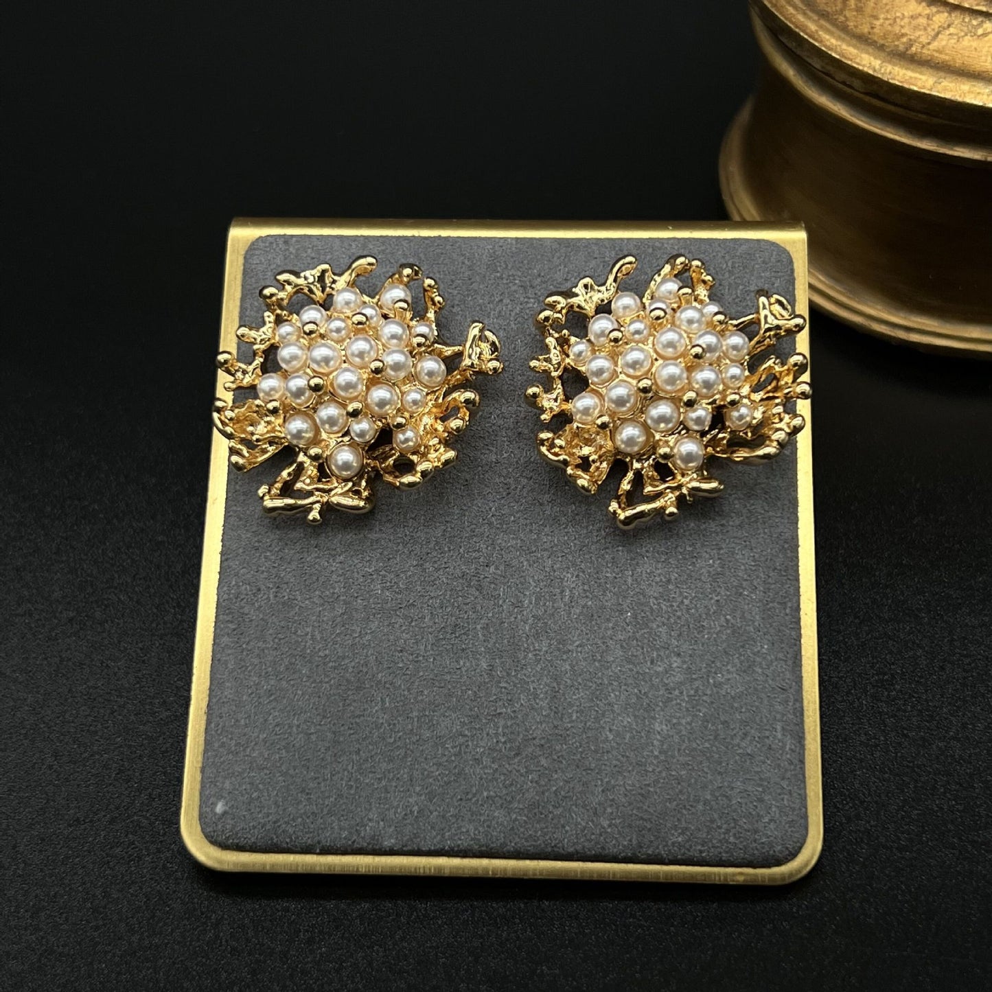 Coral and Pearl Earrings, 18K Gold-Plated Brass, 925 Silver Post, Elegant Antique Style