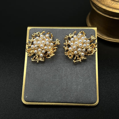 Coral and Pearl Earrings, 18K Gold-Plated Brass, 925 Silver Post, Elegant Antique Style