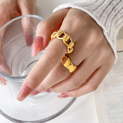 Bamboo Weave Openwork Ring, Wave Design, Titanium Steel, 18K Gold-Plated