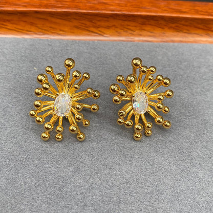 Vintage Gold-Plated Brass Earrings, 19x24mm Firework Zircon, S925 Silver Post