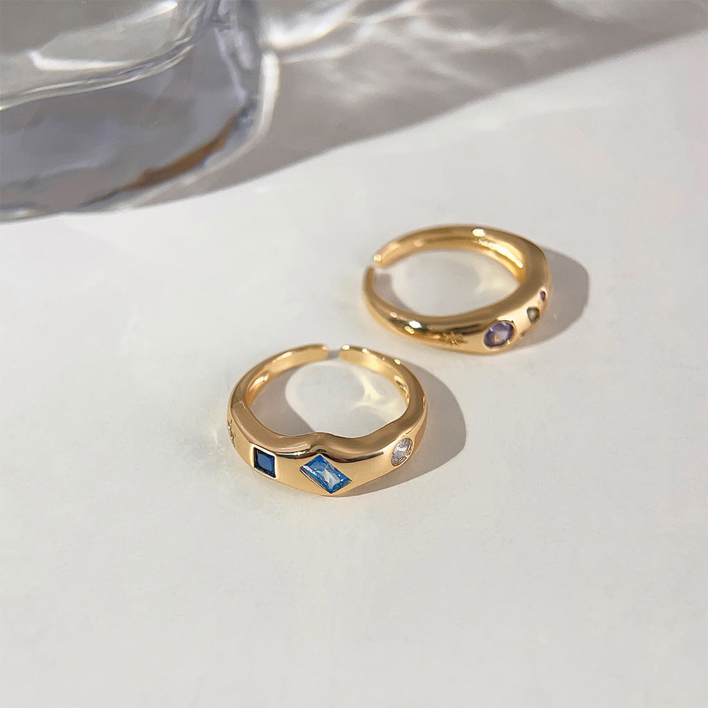 Pave Zircon Ring in 18K Gold Plating, Colorful Edition, Adjustable Open Design