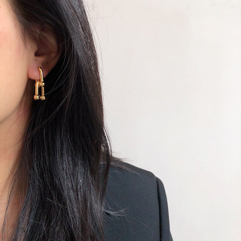 18K Gold-Plated Brass Earrings, Sparkling U-Shape Bamboo Chain, Clip-on Hoop