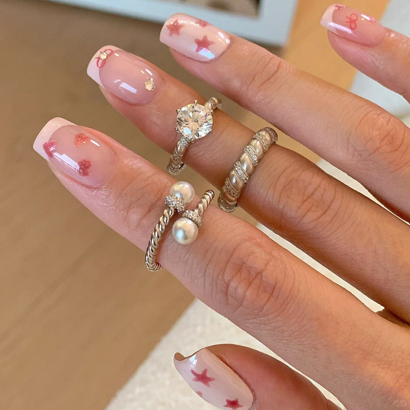Vintage Pulled Zircon Pearl Ring, Women's Open Band, Stackable Minimalist Jewelry