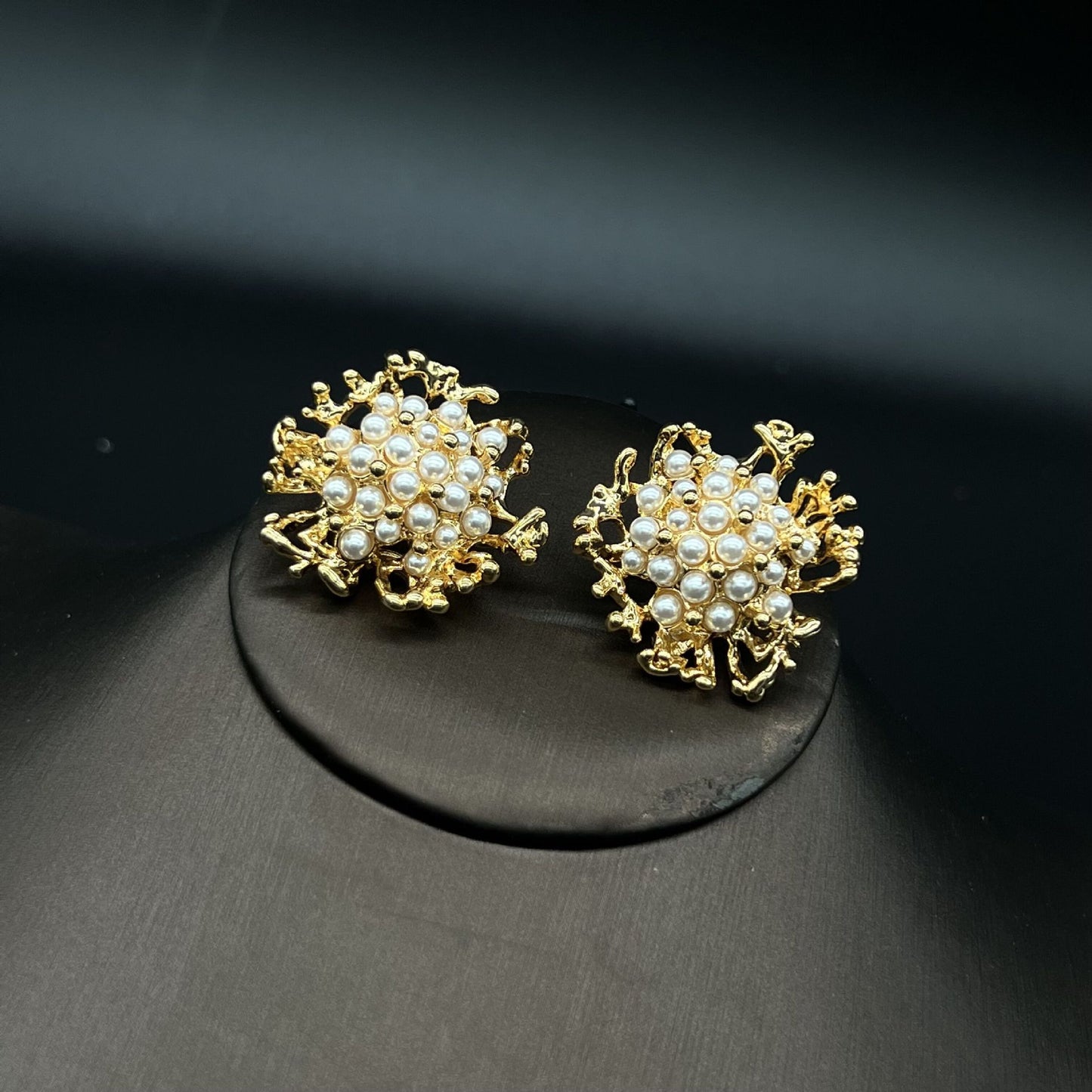 Coral and Pearl Earrings, 18K Gold-Plated Brass, 925 Silver Post, Elegant Antique Style