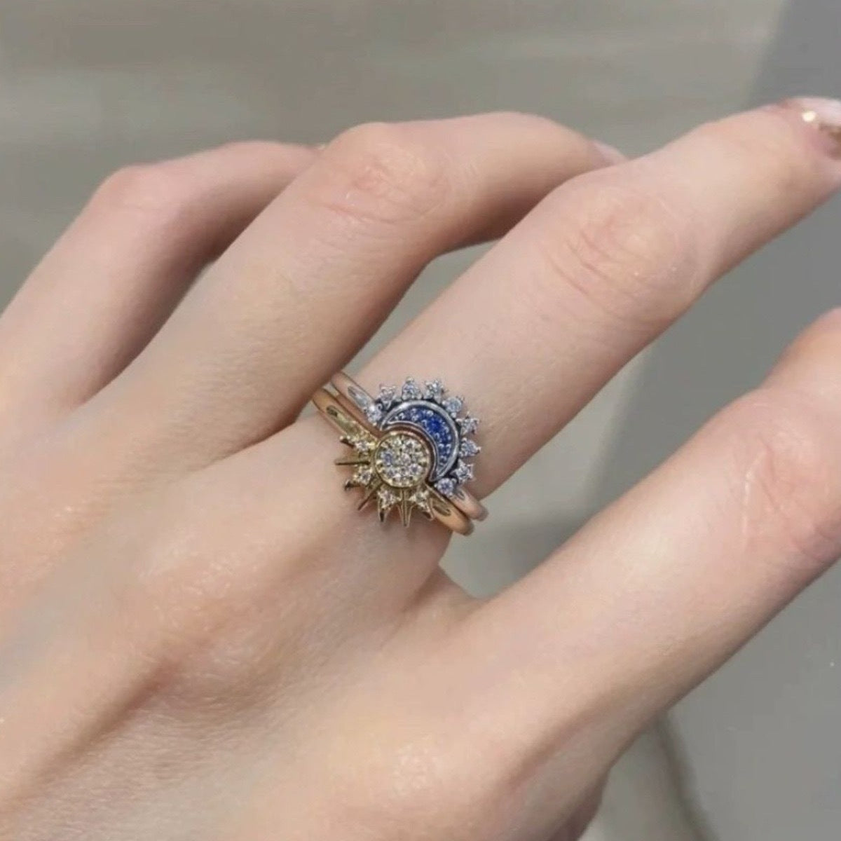 Sun & Moon Harmony Ring Set, Stackable Solar and Lunar Bands, Adjustable Starry Sky Rings