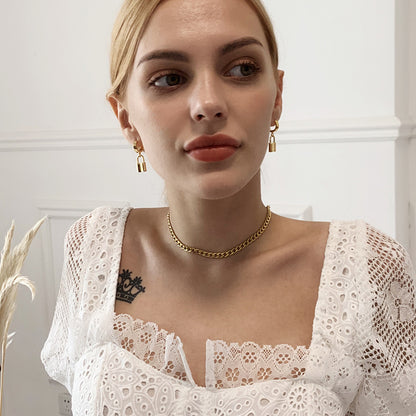 Fashionable Lock Metal Earrings, Eco-Friendly Brass with Genuine Gold Plating, Minimalist Style