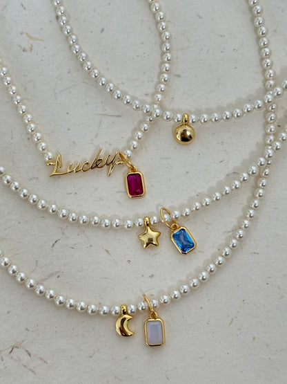 Rainbow Zirconia Sweet and Cool Pearl Necklace with Letter and Geometric Silver Pendants DIY Layered Choker  Description: