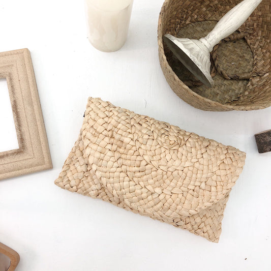 Woven Straw Clutch, Hand-Held Woven Satchel, Natural Elegance Handbag