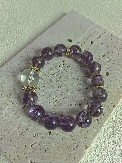 Stretchy Bead Amethyst and Clear Quartz Bracelet, Lavender and White Crystals, Adjustable for 16cm Wrist