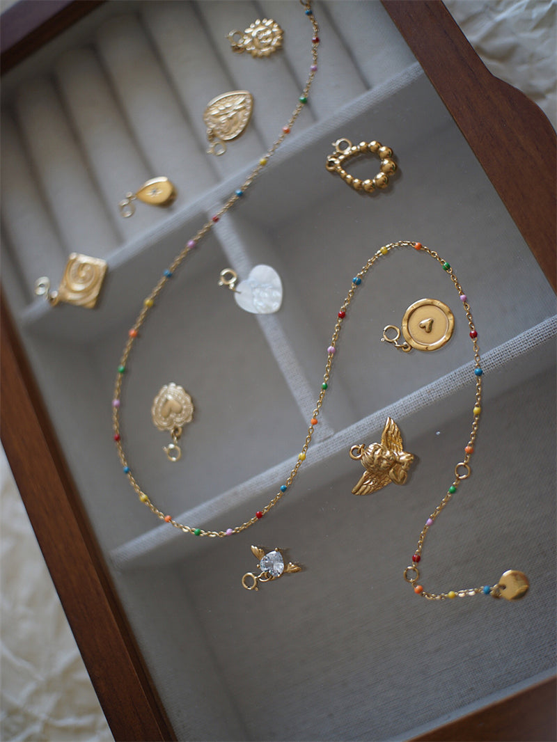 Detachable Vintage Rainbow Bead Necklace with Heart and Angel Charms