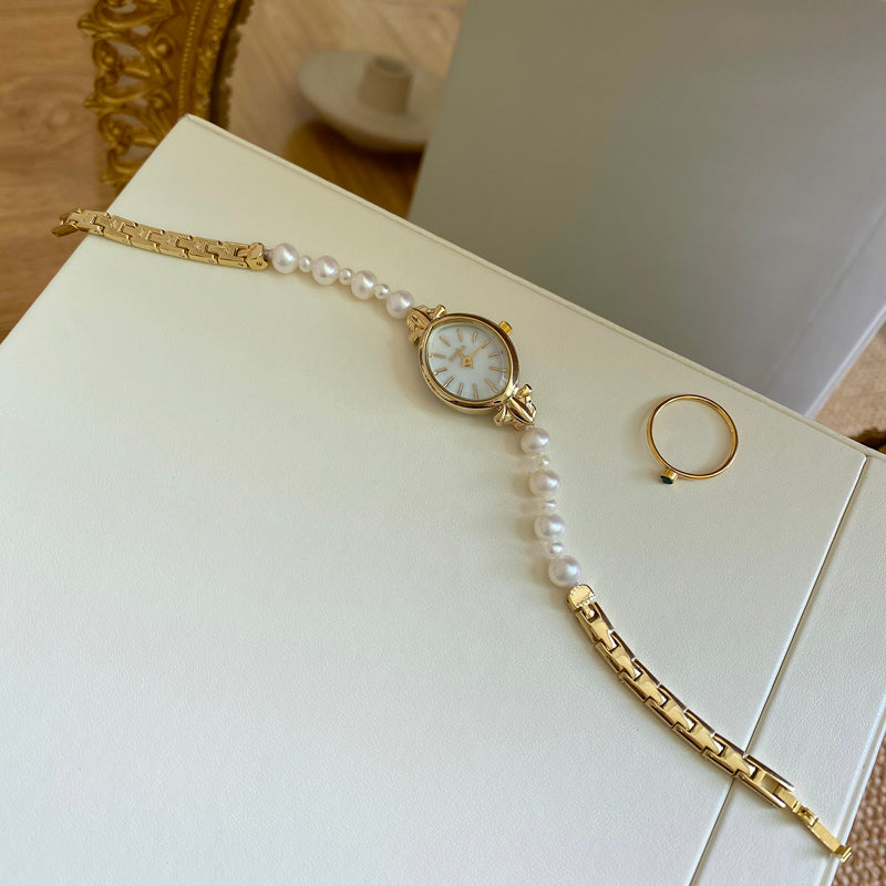 Vintage Pearl Chain Watch, Natural Pearls, Mother-of-Pearl Dial, Retro Quartz Watch for Women