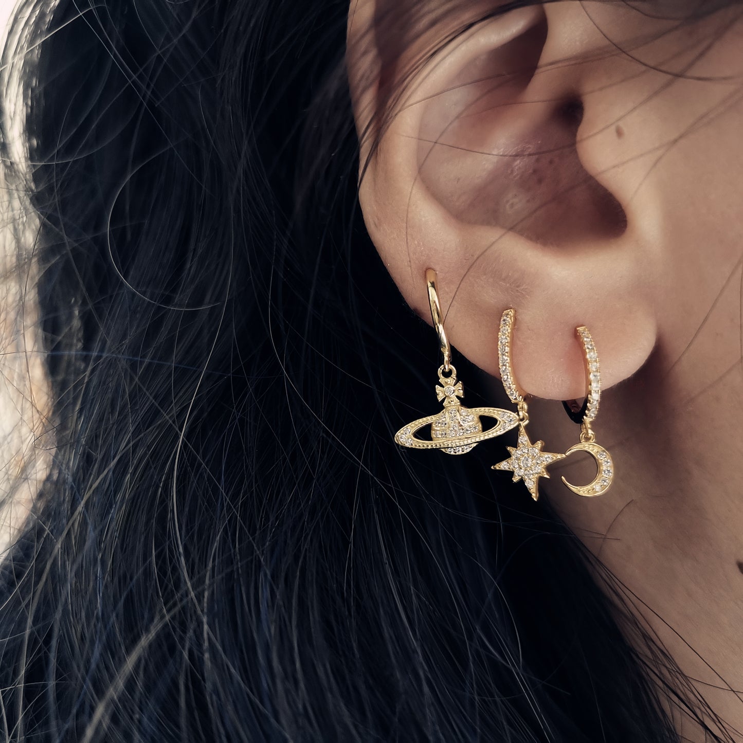 Elegant Star and Moon Earrings, Saturn Stackable Dangle, Fine Silver Crystal Jewelry