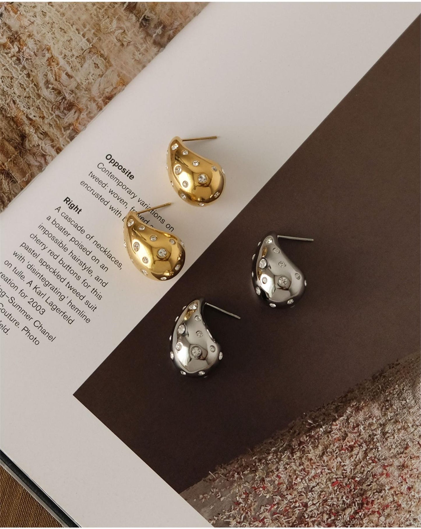 Unique Large Drop Dangle Earrings, Hand-Set Zirconia, 18K Gold-Plated 316L Stainless Steel