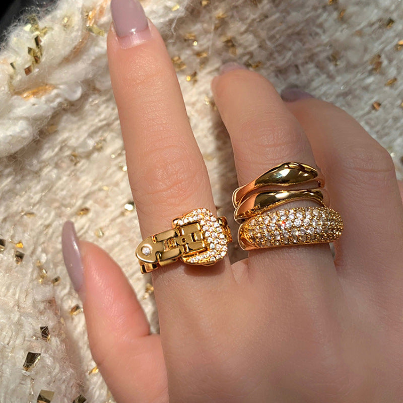 18K Gold-Plated Zircon Ring, Exquisite Embedded Zircon, Adjustable Chain Band Ring