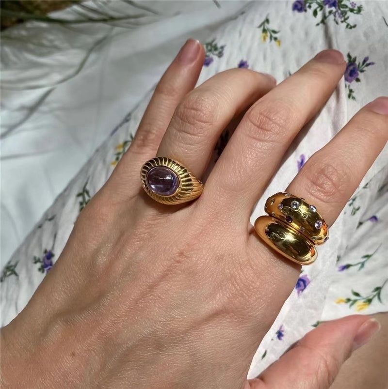 Gold-Plated Brass Open Ring, Crystal Pave, Circular Arc Design, Adjustable One Size